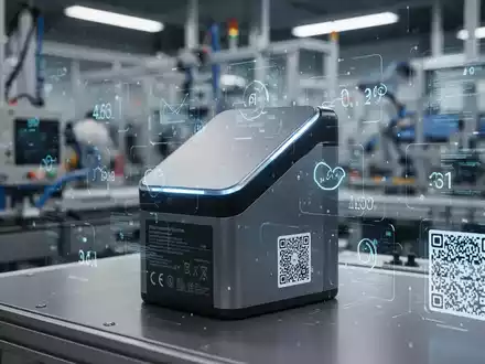 Nahaufnahme eines modernen Batteriepakets mit digitalen Datenüberlagerungen und QR-Code, umgeben von einer unscharfen Hightech-Produktionsumgebung. - Foto: über boerse-global.de