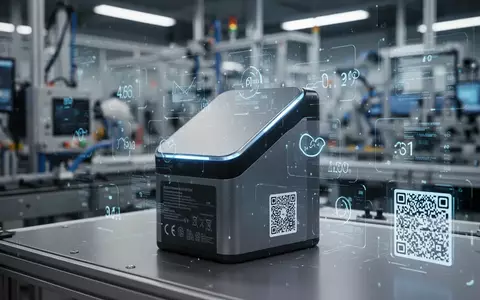 Nahaufnahme eines modernen Batteriepakets mit digitalen Datenüberlagerungen und QR-Code, umgeben von einer unscharfen Hightech-Produktionsumgebung. - Foto: über boerse-global.de