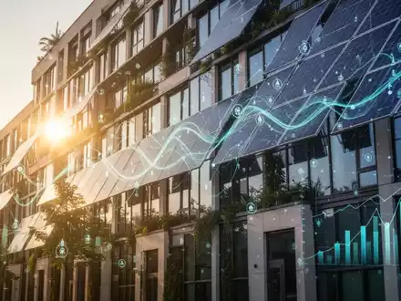 Ein modernes Gebäude mit Solarmodulen und grünen Elementen, das Energieeffizienz und Nachhaltigkeit in der Bauwirtschaft symbolisiert. - Foto: über boerse-global.de