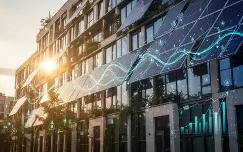 Ein modernes GebĂ€ude mit Solarmodulen und grĂŒnen Elementen, das Energieeffizienz und Nachhaltigkeit in der Bauwirtschaft symbolisiert. - Foto: ĂŒber boerse-global.de