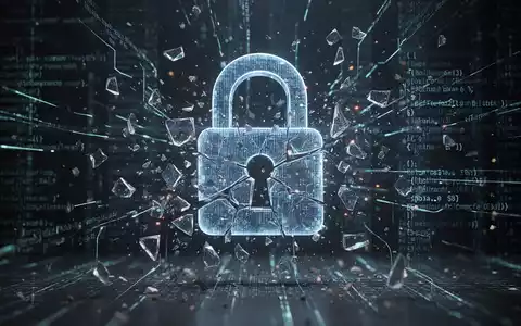 Ein digitales Schloss-Symbol zerbricht in Datenfragmente, umgeben von Codezeilen, die einen Datenverstoß darstellen. - Foto: über boerse-global.de