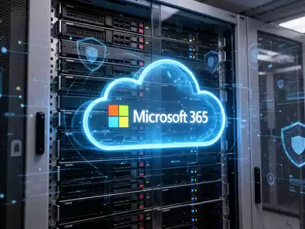 Leuchtendes Microsoft 365-Logo auf Serverrack mit abstrakten digitalen Sicherheitselementen - Foto: über boerse-global.de