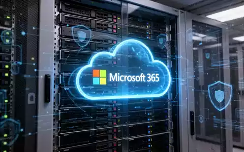 Leuchtendes Microsoft 365-Logo auf Serverrack mit abstrakten digitalen Sicherheitselementen - Foto: über boerse-global.de