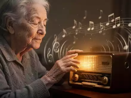 Eine ältere Person mit geschlossenen Augen berührt sanft ein Vintage-Radio, umgeben von einem warmen Licht und musikalischen Noten. - Foto: über boerse-global.de