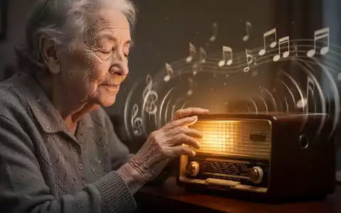 Eine ältere Person mit geschlossenen Augen berührt sanft ein Vintage-Radio, umgeben von einem warmen Licht und musikalischen Noten. - Foto: über boerse-global.de