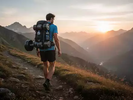 Ein Mann mit Rucksack geht einen Bergpfad entlang. Er ist von Natur umgeben und die Sonne geht gerade auf. - Foto: über boerse-global.de