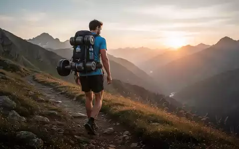 Ein Mann mit Rucksack geht einen Bergpfad entlang. Er ist von Natur umgeben und die Sonne geht gerade auf. - Foto: über boerse-global.de