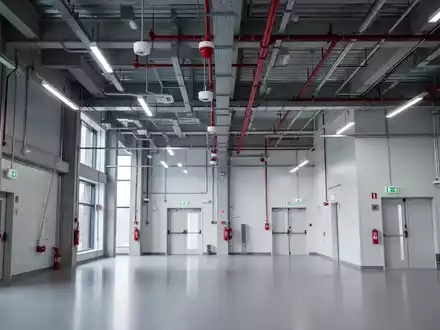 Innenansicht einer modernen Industriehalle mit sichtbaren Brandschutzanlagen wie Sprinklern, Rauchmeldern und Notausgängen. - Foto: über boerse-global.de