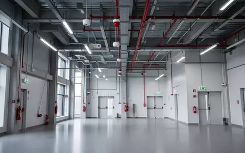 Innenansicht einer modernen Industriehalle mit sichtbaren Brandschutzanlagen wie Sprinklern, Rauchmeldern und Notausgängen. - Foto: über boerse-global.de