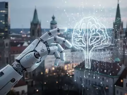 Eine hochentwickelte Roboterhand greift nach einer leuchtenden, abstrakten Datenvisualisierung, im Hintergrund die verschwommene Münchner Skyline. - Foto: über boerse-global.de