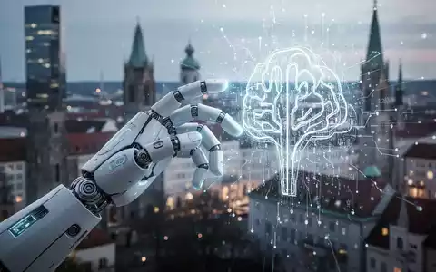 Eine hochentwickelte Roboterhand greift nach einer leuchtenden, abstrakten Datenvisualisierung, im Hintergrund die verschwommene Münchner Skyline. - Foto: über boerse-global.de