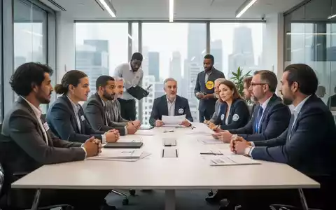 Eine vielfältige Gruppe von Arbeitnehmervertretern und Gewerkschaftsmitgliedern bespricht sich an einem Konferenztisch in einem Büro. - Foto: über boerse-global.de