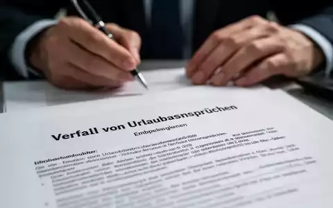 Ein Detailbild eines juristischen Dokuments mit verschwommenen Händen, die einen Stift halten, symbolisiert Arbeitsrecht und Urlaubsansprüche. - Foto: über boerse-global.de