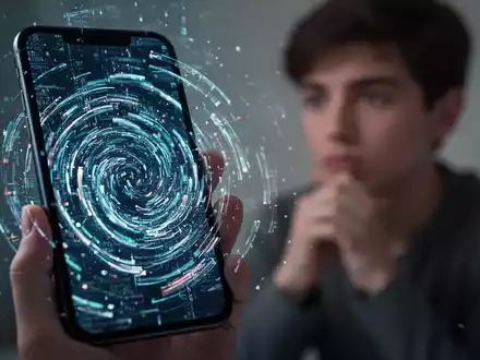 Ein Smartphone-Bildschirm zeigt abstrakte digitale Daten, im Hintergrund eine nachdenkliche junge Person, die Isolation und Verwirrung andeutet. - Foto: über boerse-global.de