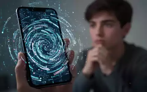 Ein Smartphone-Bildschirm zeigt abstrakte digitale Daten, im Hintergrund eine nachdenkliche junge Person, die Isolation und Verwirrung andeutet. - Foto: über boerse-global.de