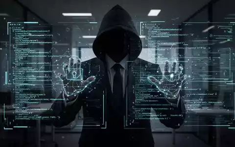 Verschwommene Gestalt im Anzug mit verdecktem Gesicht, manipuliert digitale Schnittstellen und Codezeilen, symbolisiert Cyberbetrug. - Foto: über boerse-global.de
