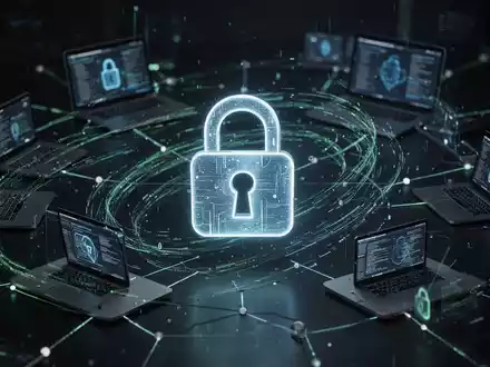 Ein stilisiertes, leuchtendes Vorhängeschloss-Symbol über einem Netzwerk digitaler Geräte und Datenströme, das Cybersicherheitsbedrohungen und -schutz symbolisiert. - Foto: über boerse-global.de