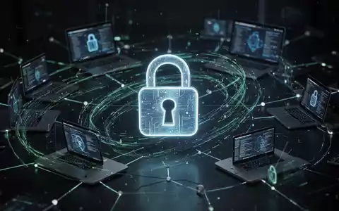 Ein stilisiertes, leuchtendes Vorhängeschloss-Symbol über einem Netzwerk digitaler Geräte und Datenströme, das Cybersicherheitsbedrohungen und -schutz symbolisiert. - Foto: über boerse-global.de