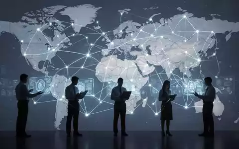 Leuchtendes digitales Netzwerk über einer dezenten Weltkarte, das vernetzte Regierungsdienste und digitale Transformation symbolisiert. - Foto: über boerse-global.de