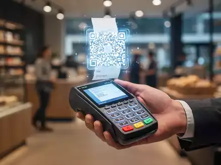 Eine Hand hält ein Smartphone mit einer digitalen Quittung, die über einem Kartenlesegerät schwebt. Modernes Kassensystem. - Foto: über boerse-global.de