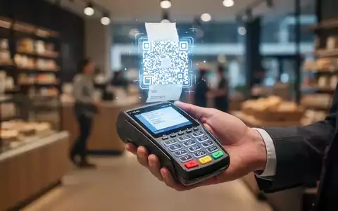 Eine Hand hält ein Smartphone mit einer digitalen Quittung, die über einem Kartenlesegerät schwebt. Modernes Kassensystem. - Foto: über boerse-global.de