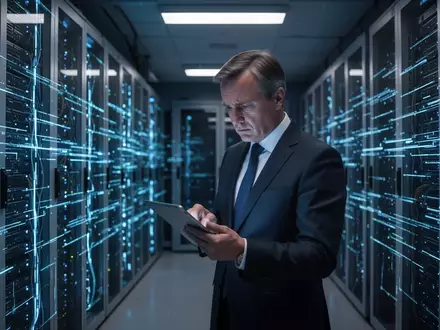 Deutscher Geschäftsführer blickt auf Tablet in Serverraum, Dringlichkeit der NIS2-Compliance darstellend. - Foto: über boerse-global.de