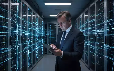 Deutscher Geschäftsführer blickt auf Tablet in Serverraum, Dringlichkeit der NIS2-Compliance darstellend. - Foto: über boerse-global.de