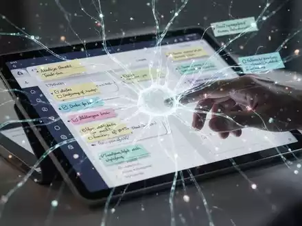 Ein stilisiertes, leuchtendes neuronales Netz überlagert ein modernes digitales Tablet mit einer Notiz-App und Aufgaben. - Foto: über boerse-global.de