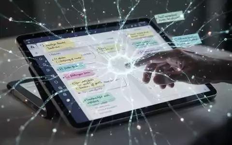 Ein stilisiertes, leuchtendes neuronales Netz überlagert ein modernes digitales Tablet mit einer Notiz-App und Aufgaben. - Foto: über boerse-global.de