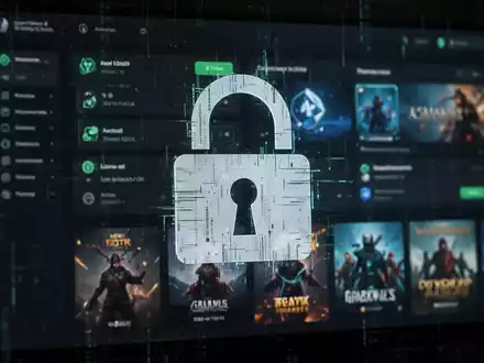 Ein bedrohliches digitales Schloss-Symbol überlagert einen verschwommenen Computerbildschirm mit Krypto-Wallets und Spieltiteln, Symbol für Cyberkriminalität. - Foto: über boerse-global.de