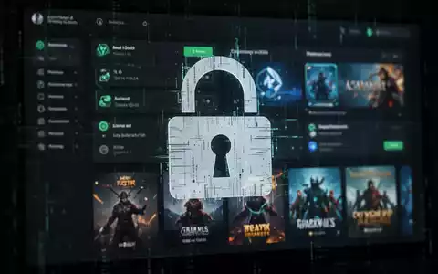 Ein bedrohliches digitales Schloss-Symbol überlagert einen verschwommenen Computerbildschirm mit Krypto-Wallets und Spieltiteln, Symbol für Cyberkriminalität. - Foto: über boerse-global.de