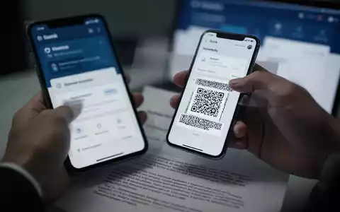Eine Hand hĂ€lt ein Smartphone, das einen QR-Code auf einem Brief scannt, mit einer unscharfen BankoberflĂ€che im Hintergrund. - Foto: ĂŒber boerse-global.de