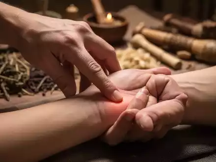 Eine Hand drückt sanft auf einen Akupressurpunkt am Handgelenk, mit verschwommenen TCM-Kräutern im Hintergrund. - Foto: über boerse-global.de