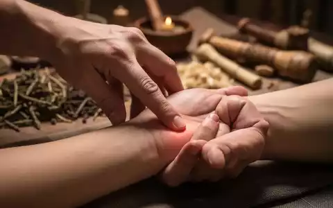 Eine Hand drückt sanft auf einen Akupressurpunkt am Handgelenk, mit verschwommenen TCM-Kräutern im Hintergrund. - Foto: über boerse-global.de