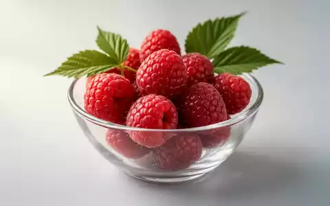 Nahaufnahme von frischen, reifen roten Himbeeren in einer Glasschale auf einer hellen Oberfläche, mit weichem Licht. - Foto: über boerse-global.de