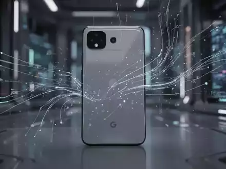 Schlankes, minimalistisches Smartphone, möglicherweise ein Google Pixel, mit digitalen Linien und abstrakten Datenströmen in futuristischem Tech-Setting. - Foto: über boerse-global.de