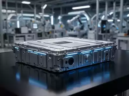 Nahaufnahme eines modernen Elektrofahrzeug-Batteriepacks mit blauem Licht, im Hintergrund eine verschwommene Fabrik. - Foto: über boerse-global.de