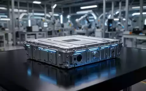 Nahaufnahme eines modernen Elektrofahrzeug-Batteriepacks mit blauem Licht, im Hintergrund eine verschwommene Fabrik. - Foto: über boerse-global.de