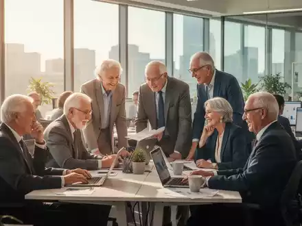 Ältere, engagierte Fachkräfte arbeiten zusammen in einem modernen Büro, symbolisierend Erfahrung und Wert in der Arbeitswelt. - Foto: über boerse-global.de