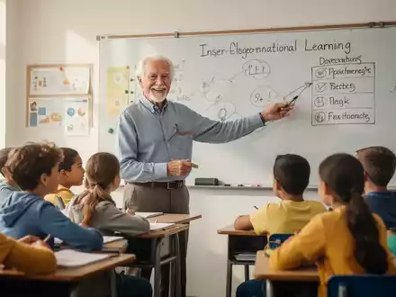 Ein älterer, lächelnder Lehrer steht vor einer Gruppe von Schülern in einem modernen Klassenzimmer und unterrichtet. - Foto: über boerse-global.de