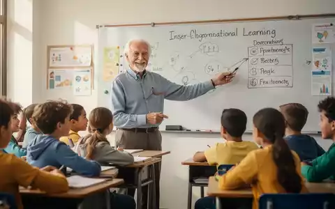 Ein älterer, lächelnder Lehrer steht vor einer Gruppe von Schülern in einem modernen Klassenzimmer und unterrichtet. - Foto: über boerse-global.de