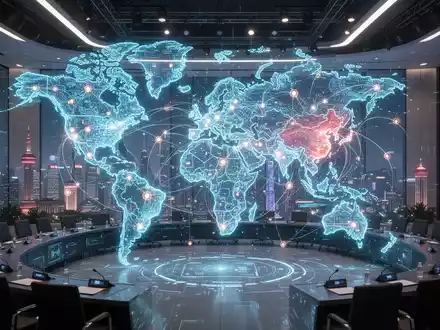 Holografische Weltkarte mit Fokus auf Asien, leuchtende Datenverbindungen zwischen China und Entwicklungsländern, futuristischer Konferenzraum. - Foto: über boerse-global.de