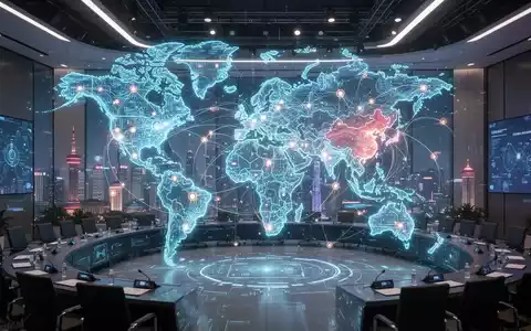 Holografische Weltkarte mit Fokus auf Asien, leuchtende Datenverbindungen zwischen China und Entwicklungsländern, futuristischer Konferenzraum. - Foto: über boerse-global.de