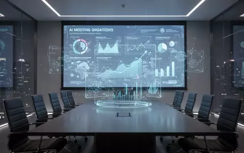 Moderner Konferenzraum mit großer Leinwand, die KI-Erkenntnisse und holografische Daten zeigt, als Symbol für KI in Unternehmensmeetings. - Foto: über boerse-global.de