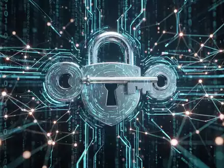 Abstraktes Bild mit digitalem Schloss und Schlüssel, umgeben von leuchtenden Datenströmen, symbolisiert Cybersicherheit und Datenschutz. - Foto: über boerse-global.de