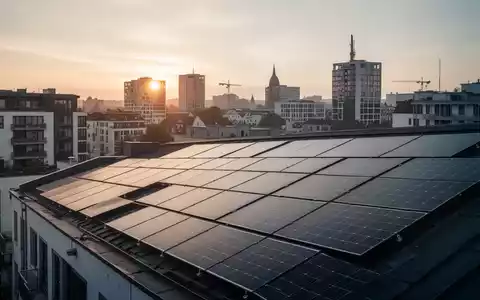 Solarmodule auf den Dächern von Gebäuden in einer deutschen Stadt bei Sonnenaufgang, symbolisch für die Energiewende. - Foto: über boerse-global.de