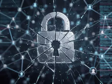 Ein stilisiertes, zerbrochenes Vorhängeschloss oder ein gebrochenes Netzwerksymbol vor einem unscharfen Hintergrund digitaler Datenströme. - Foto: über boerse-global.de