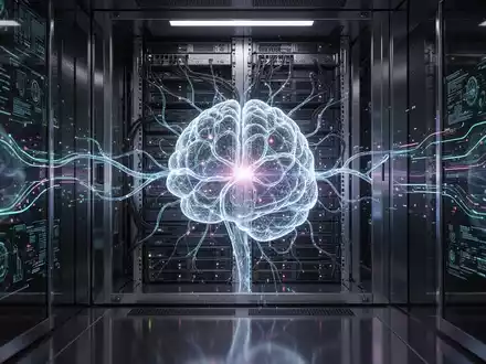 Leuchtendes, komplexes neuronales Netzwerk in einem Serverrack, das fortschrittliche KI-Entwicklung und technologischen Durchbruch symbolisiert. - Foto: über boerse-global.de
