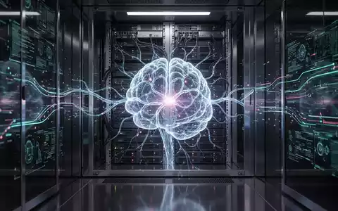 Leuchtendes, komplexes neuronales Netzwerk in einem Serverrack, das fortschrittliche KI-Entwicklung und technologischen Durchbruch symbolisiert. - Foto: über boerse-global.de