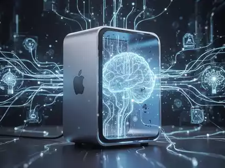 Ein leuchtender Mac Studio mit blauem Licht, verbunden mit abstrakten Datenlinien, symbolisiert KI und maschinelles Lernen. - Foto: über boerse-global.de